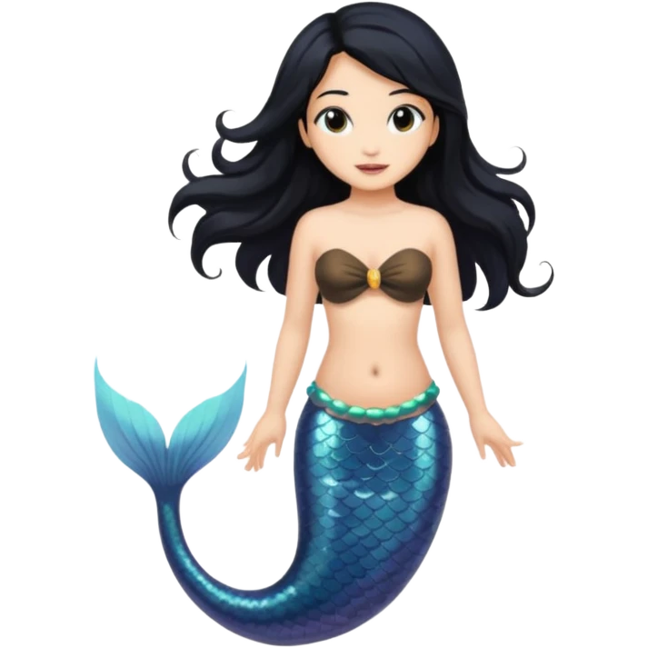 Mermaid with black hair and black and brown tail. Long hair covering chest. emoji