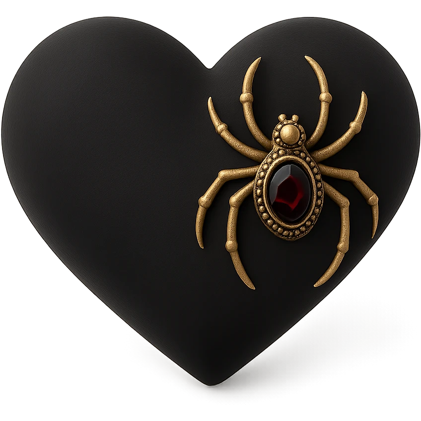 gothic heart in 3D black style, black velvet texture, silver spider brooch, deep red gemstone, ornate and dark emoji