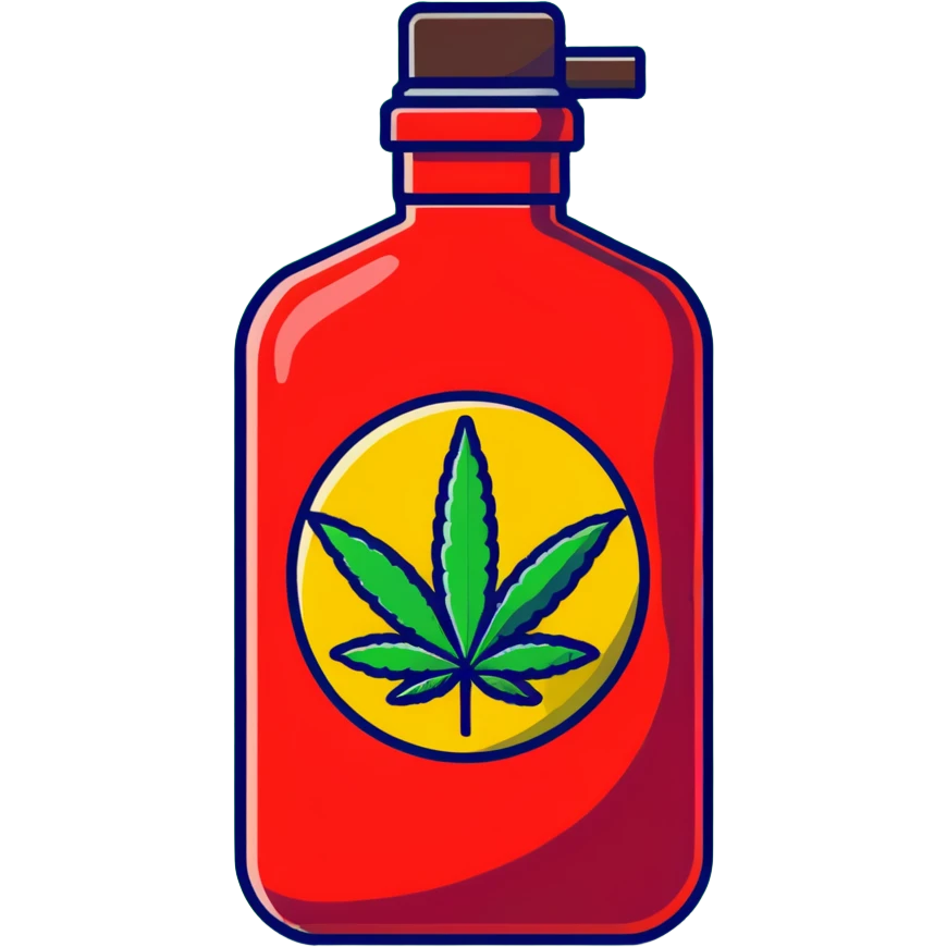 bright red gasoline canister surrounded by a banana, an apple, grapes, and a cannabis leaf, red fuel can with fruits and marijuana leaf arranged around it emoji