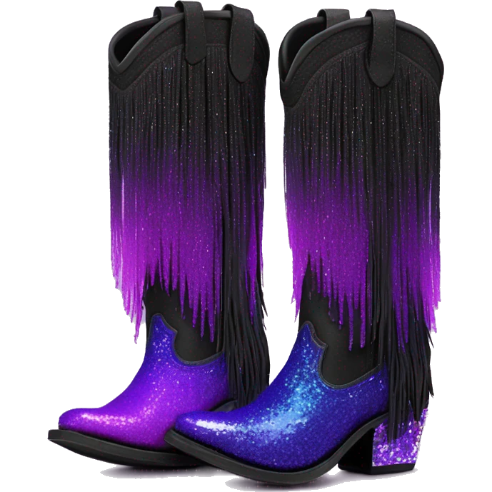 Realistic short neon purple to black ombre fashion cowgirl boot with sparkly shiny glitter fringe on them. emoji