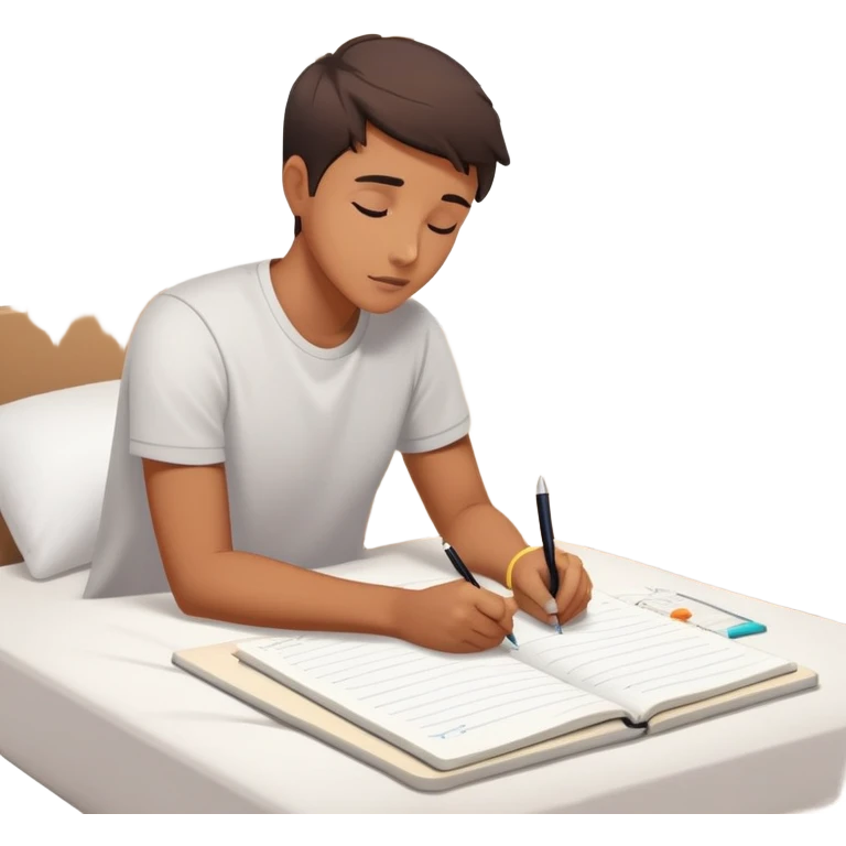 A person stands in a slightly messy room, mid-action—one hand writing a brain dump, the other smoothing out a freshly made bed. Three glowing notes are pinned nearby, marking their top priorities. A planner asks, “How can I make this easier?” Their face shows focus—not stress—activated emoji