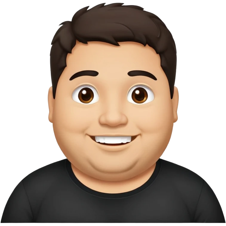 Hombre chubby latino piel canela, cara redonda-ancha, scruff sin barba completa, cejas gruesas, pelo oscuro ondulado flat largo hasta el cuello. Sonrisa amplia, expresión alegre. Camisa negra. Size large.  emoji