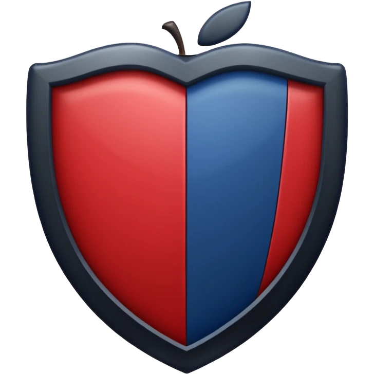 shield divided in half, one side dark red and the other side dark blue, separated by a vertical black line in the center, Apple emoji style, no text emoji