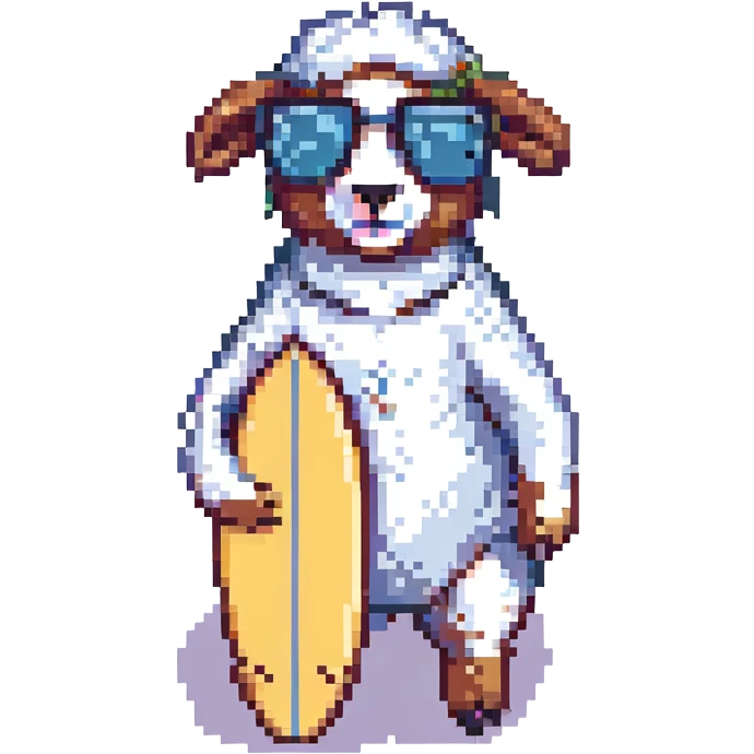 Add cool sunglasses to the sheep while keeping the surfboard and pixel art style the same. Remove the background. emoji