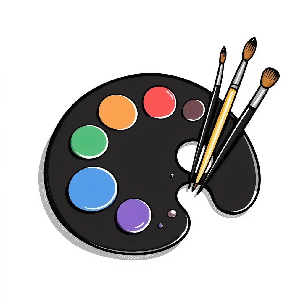Detailed artist's palette with colorful paint blobs, palette holes, and paintbrushes nearby. Detailed and intricate doodle style. emoji