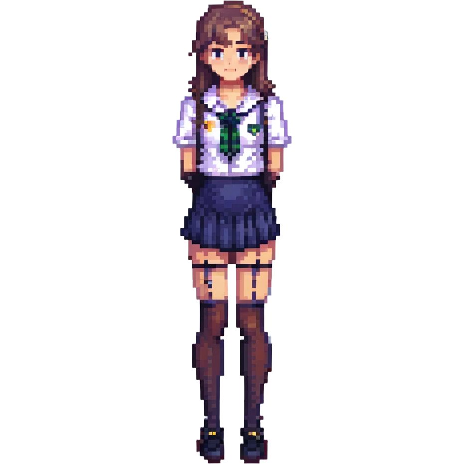 pixel art of a girl in a school uniform showing her legs in stockings, standing pose emoji