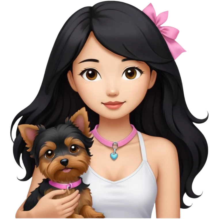 A pretty Asian girl with long, luscious wavy black hair (loose, no hair tie), wearing a white sleeveless halter top. She's holding a Yorkshire Terrier. the dog is wearing a pink collar.  emoji