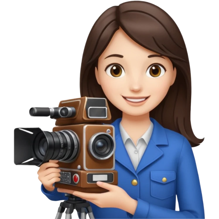 A brunette girl , she’s a proud and successful filmmaker 🍿🌍✨ she’s next to a tall, set camera, / holding awards  emoji