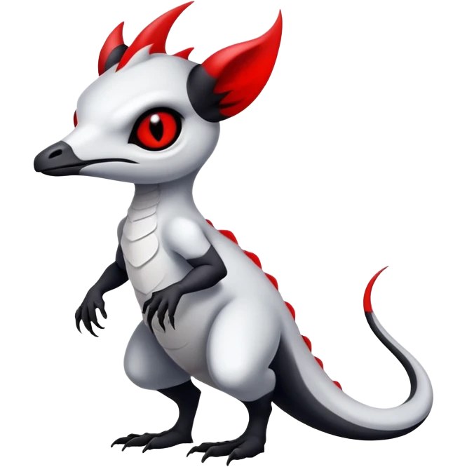 a white exotic edgy vernid-fionbri-creature, with black belly and red eyes, full body emoji