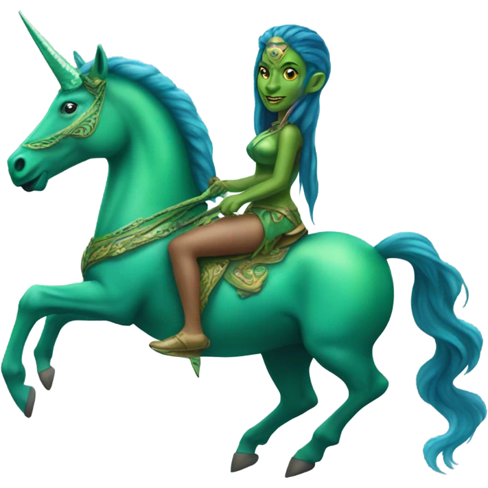 a green amazon alien woman on a blue unicorn emoji