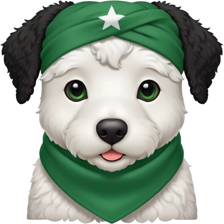 Black bernadoodle with white around mouth and big white eyebrows with plain green bandana around neck only emoji