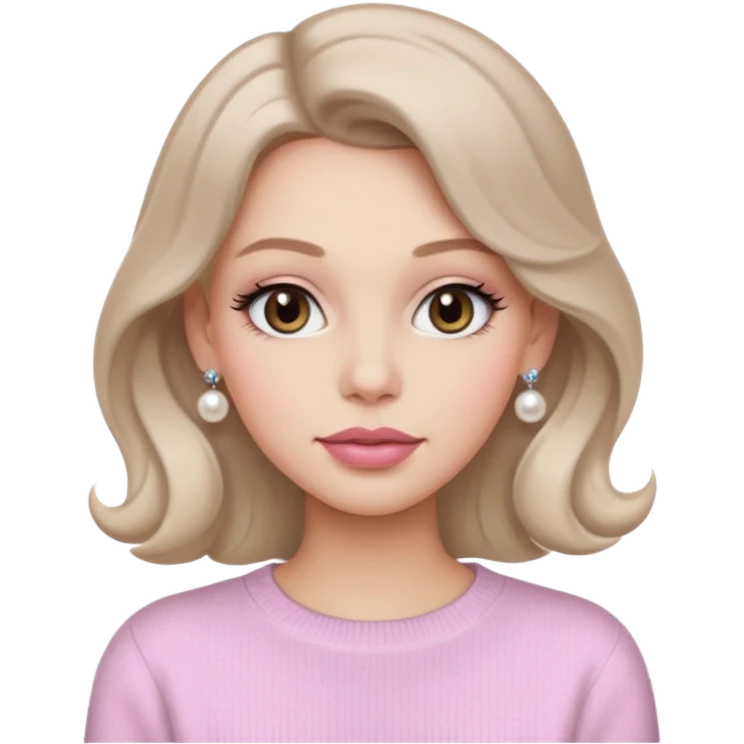 “Emoji girl, soft matte skin, neutral taupe eyeshadow, light rose lips, subtle contour, pearl earrings, loose waves, wearing cream cashmere sweater.” emoji