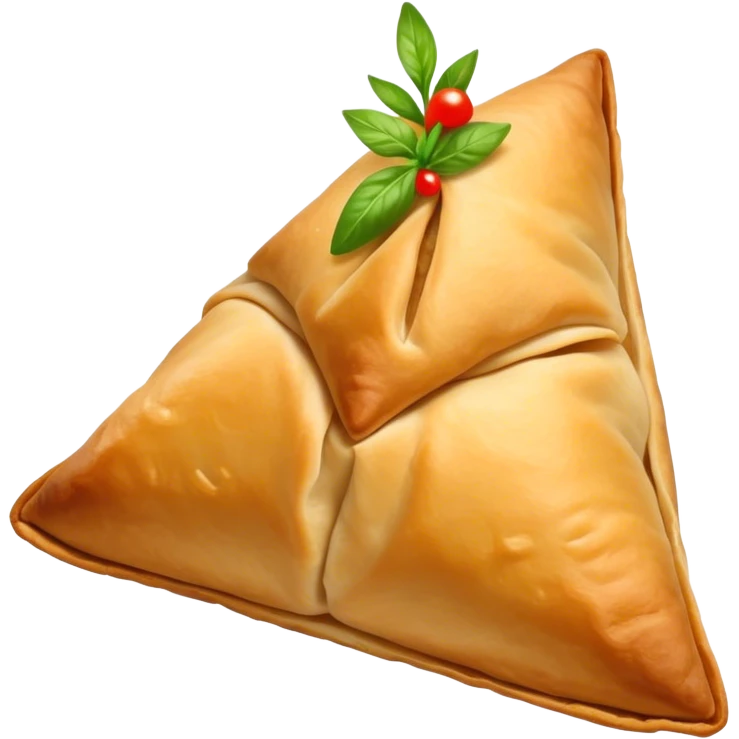Samosa Cinematic Realistic Samosa Snack Emoji, depicted as a crispy, golden triangular pastry filled with spiced vegetables or meat, rendered with rich textures and vibrant, appetizing lighting. emoji