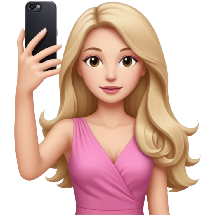 White woman gorgeous make up long hair taking selfie in pink dress emoji