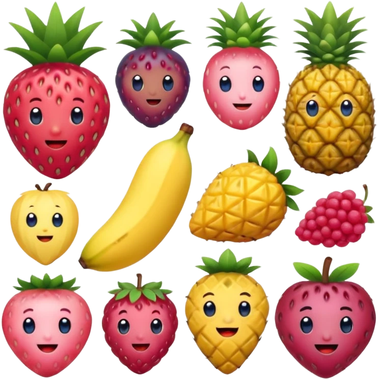 strawberry, blueberry, raspberry, banana, mango, pineapple pink lady apple playing emoji