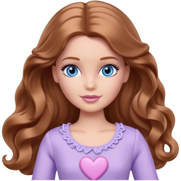 There are grey hearts all around Barbie girl Chestnut long wavy hair and blue eyes is In pale purple clothes emoji