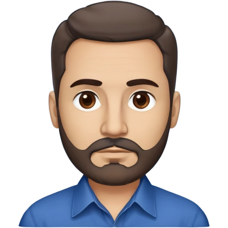 Puerto Rican man in his mid-50s with light skin. Round face with defined features. Expressive dark brown eyes, thick eyebrows. Full head of brown hair, slightly wavy. Medium-length brown beard, neatly trimmed. Wearing a dark blue button-up shirt. emoji