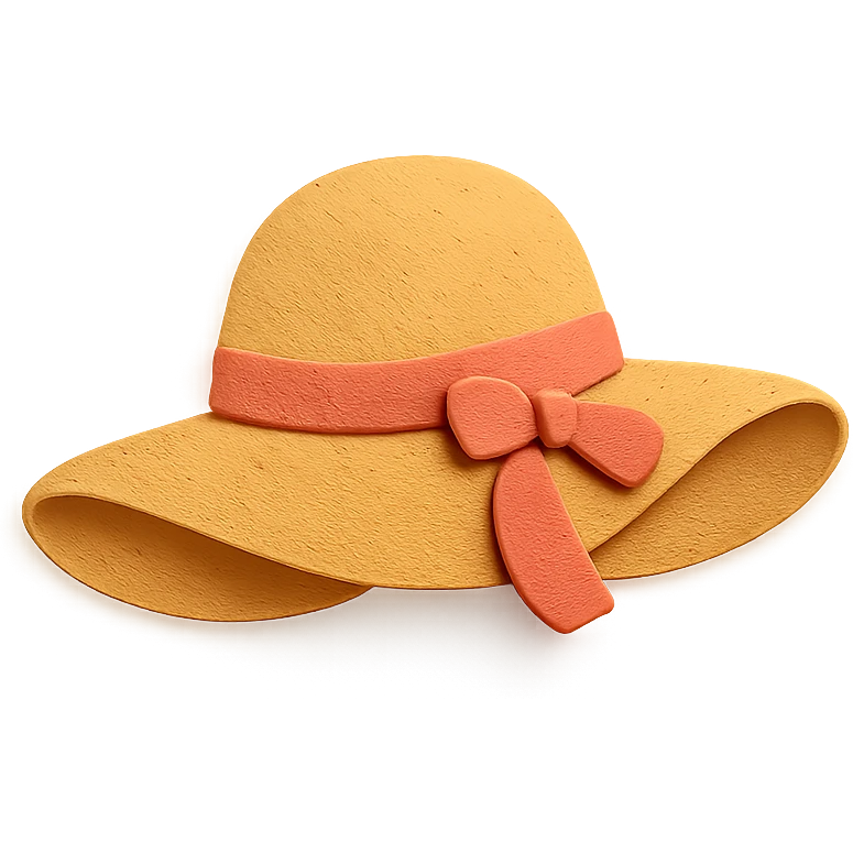 classic wide-brimmed women's sun hat, paper-craft style illustration emoji