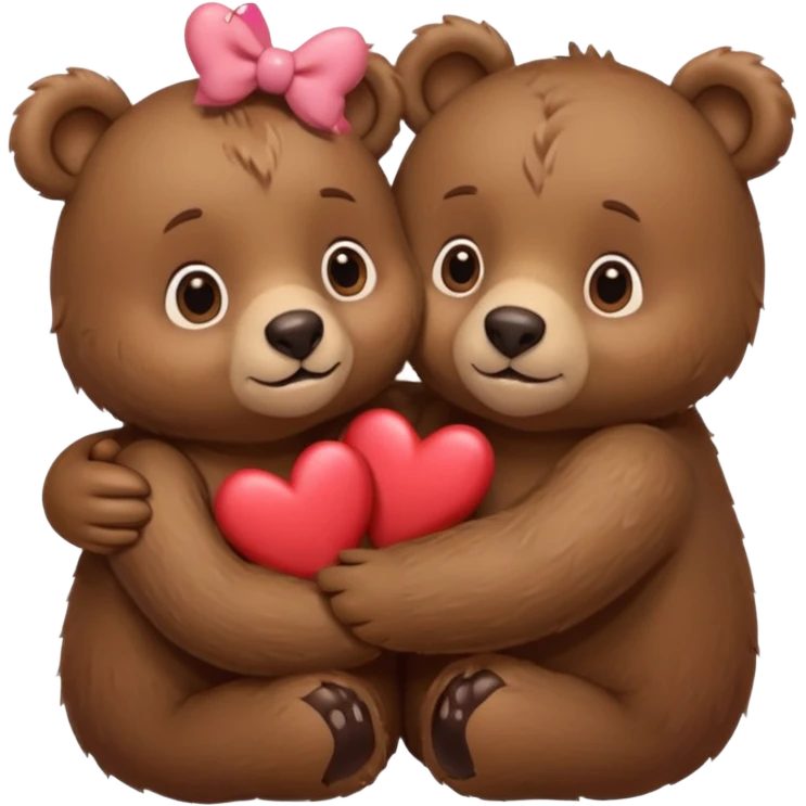female bear with bow on her head and male bear hugging, couple, surrounded by hearts, playful and loving, cute, same height  emoji