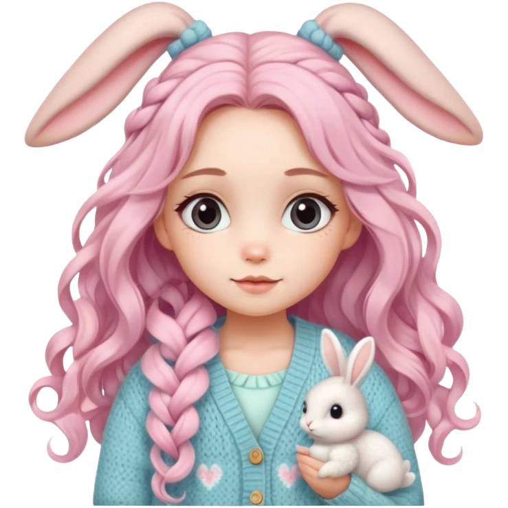  A girl with long curls, a pastel-colored hair clip, and a knitted cardigan with a bunny pattern, looking cute. emoji