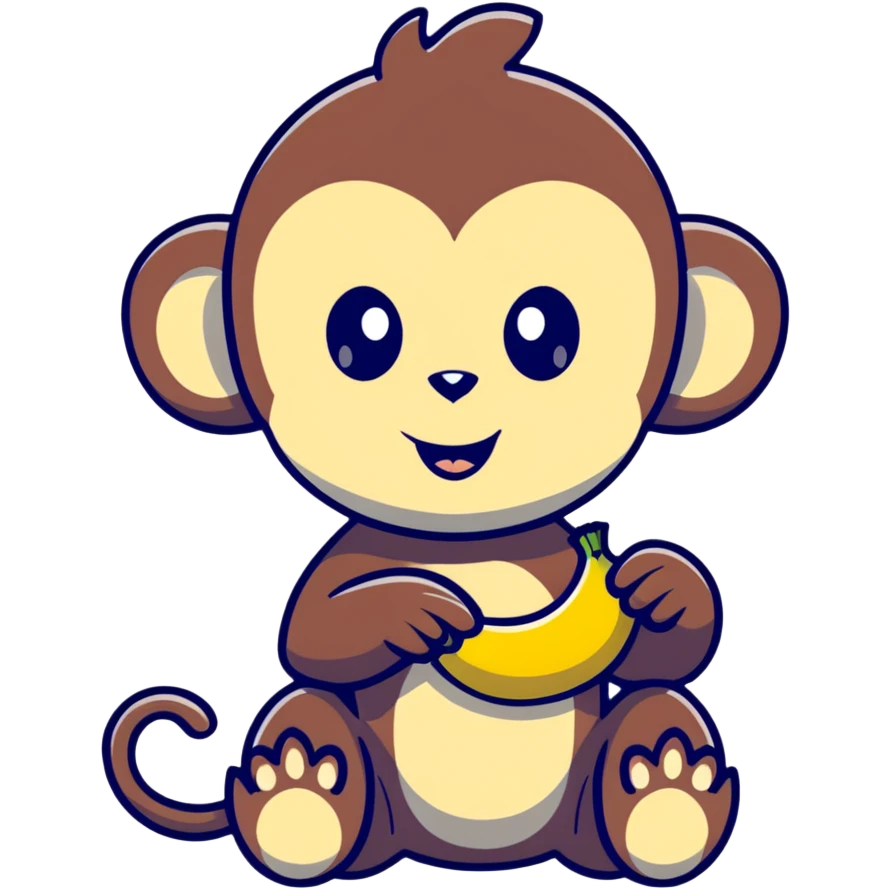 super kawaii baby monkey with big shiny eyes and tiny paws carefully peeling a banana emoji