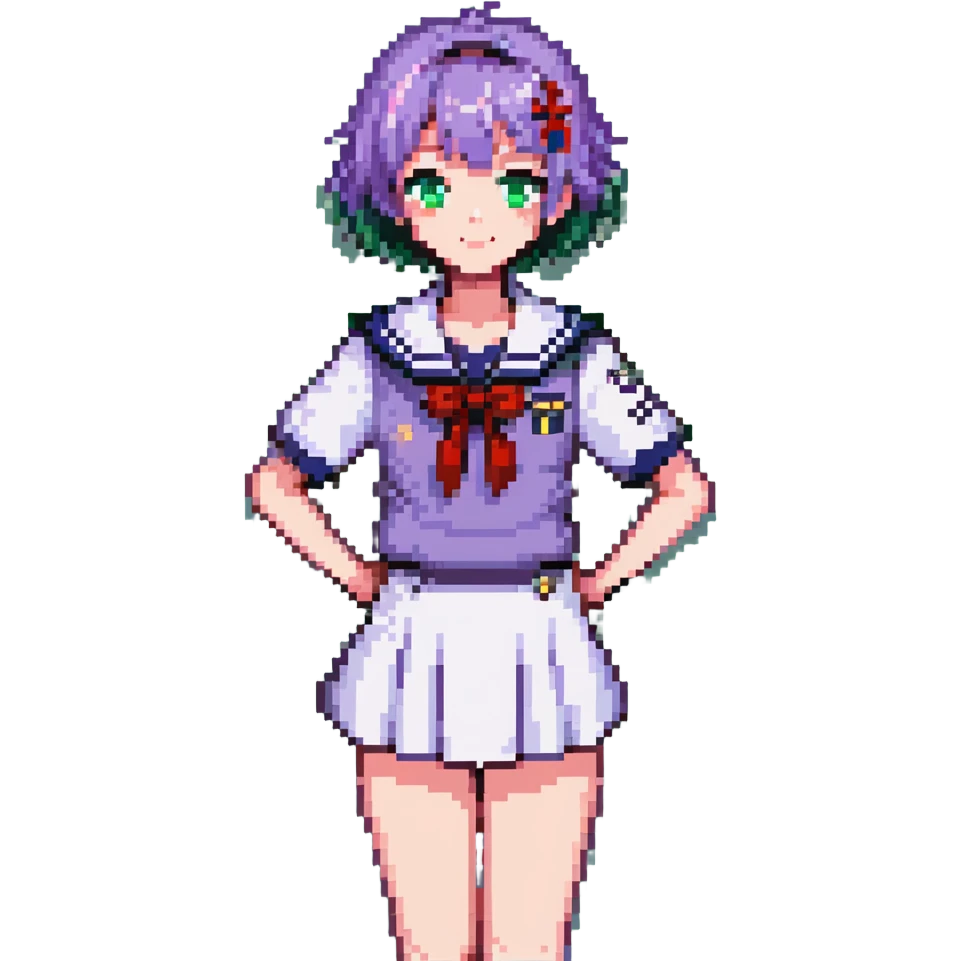 Pixel art anime girl with short bright purple hair wearing Japanese sailor style school uniform, trying to look confident with hand on hip but nervously waving with a shy blush and timid smile emoji
