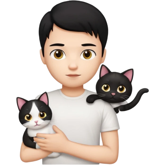 generate a pretty bratz emoji of a boy with black hair wearing a white tshirt and holding a cat in his right hand emoji