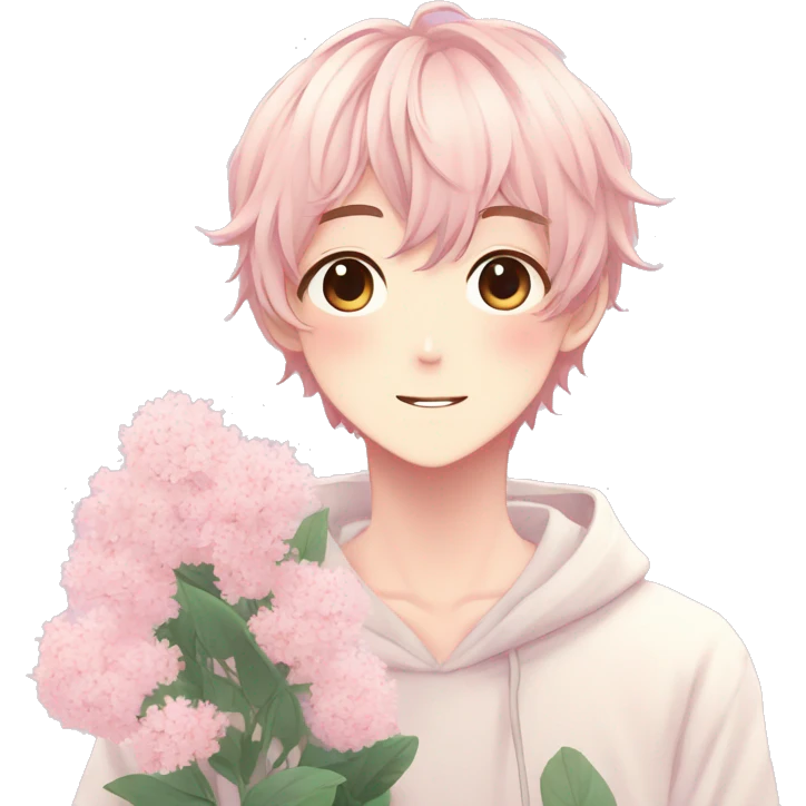 Gorgeous pastel anime style shojo guy with blushing face and flowers aesthetic trending style emoji