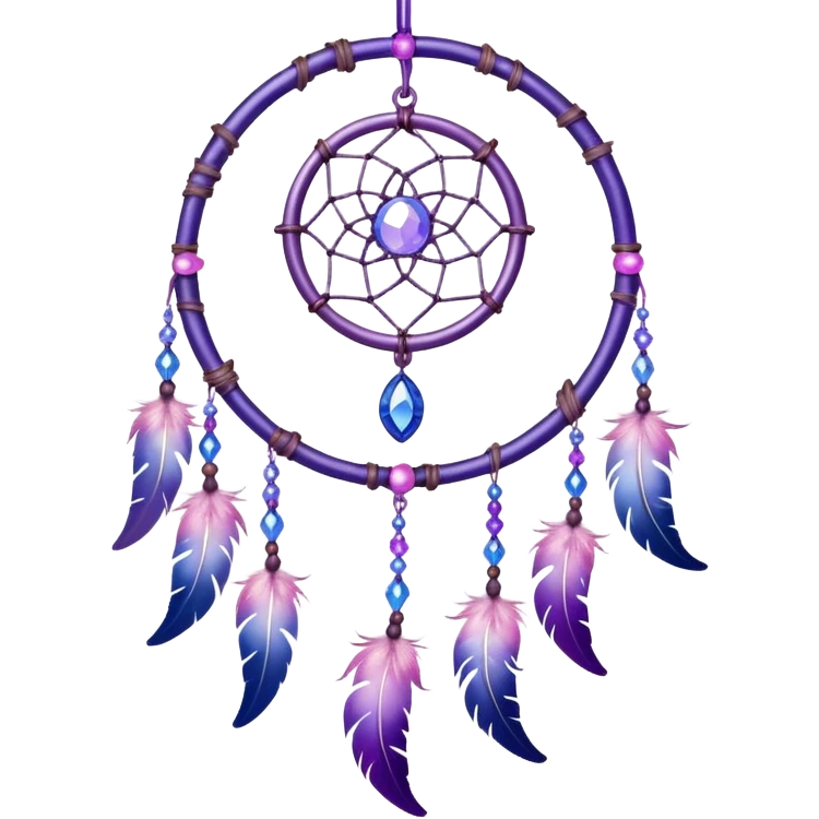 Iridescent shiny transparent pastel purple-pink-indigo-violet crescent-moon-Dreamcatcher hanging from a thread, with gemstones, and beads emoji