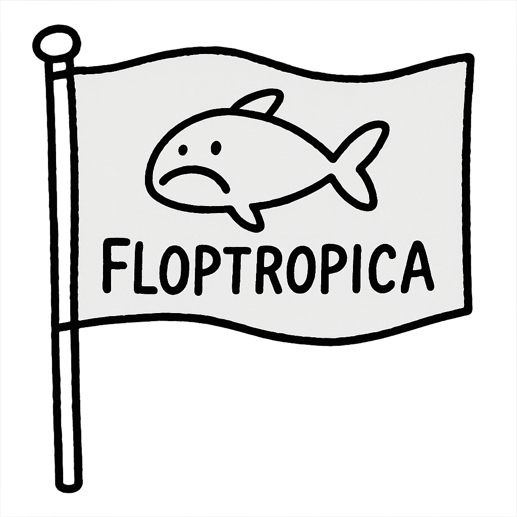 hand-drawn outlined flag on a stick with a quirky 'Floptropica' symbol emoji