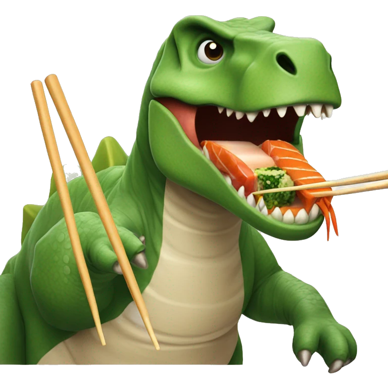 Dinosaur using chopsticks and eatin sushi emoji