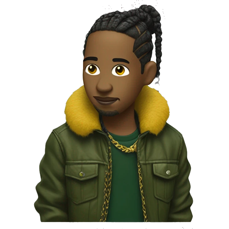 Side profile of a hip hop artist with braids. He has an arm extended down, holding a mic. He's wearing a very dark green crocodile jacket. The jacket has a furry yellow mustard collar.  emoji