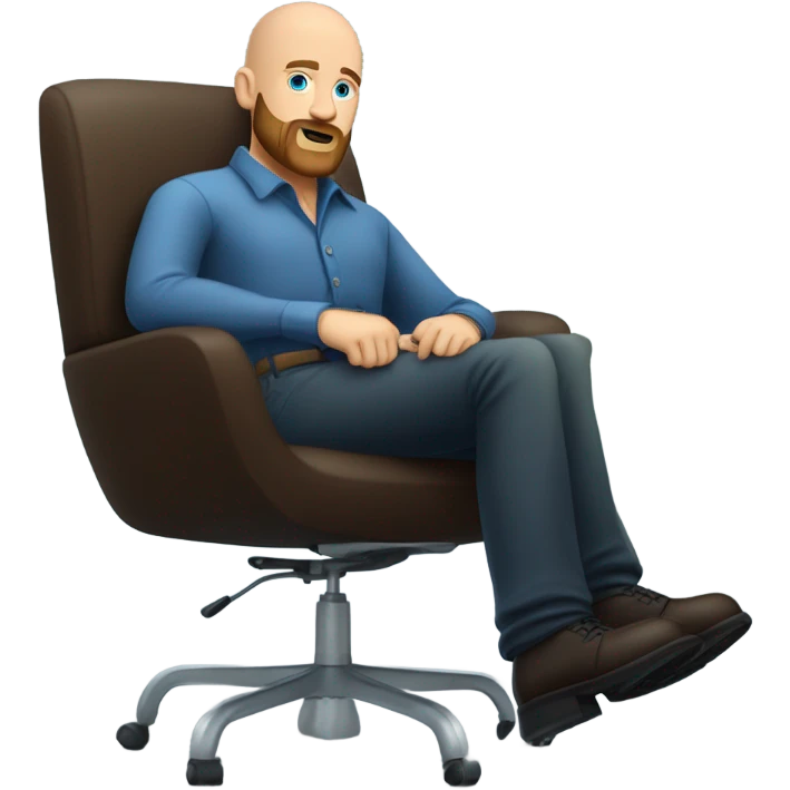 Bald, Caucasian, sky-blue-eyed, Psychotherapist in a modern colorful chair. He has a brown full beard and he’s Wearing a black dress shirt with a subtle pattern, blue jeans and black Chelsea boots with his legs separted leaning forward grey in goatee emoji