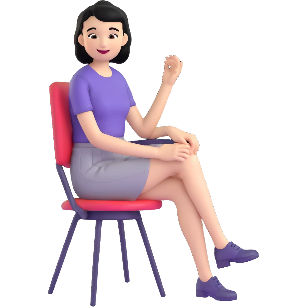 Girl with short black hair smiling sitting on a chair emoji