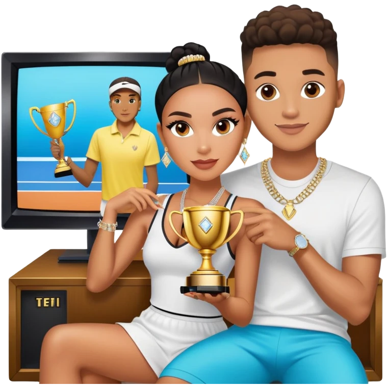 Breaking news Internet celebrity Josh King Madrid jetset wearing shiny diamond earrings and sparkly iced out diamond tennis necklace chains with Instagram model girl tefi valenzuela sitting with him holding gold internet celebrity trophy on tv show in Miami emoji