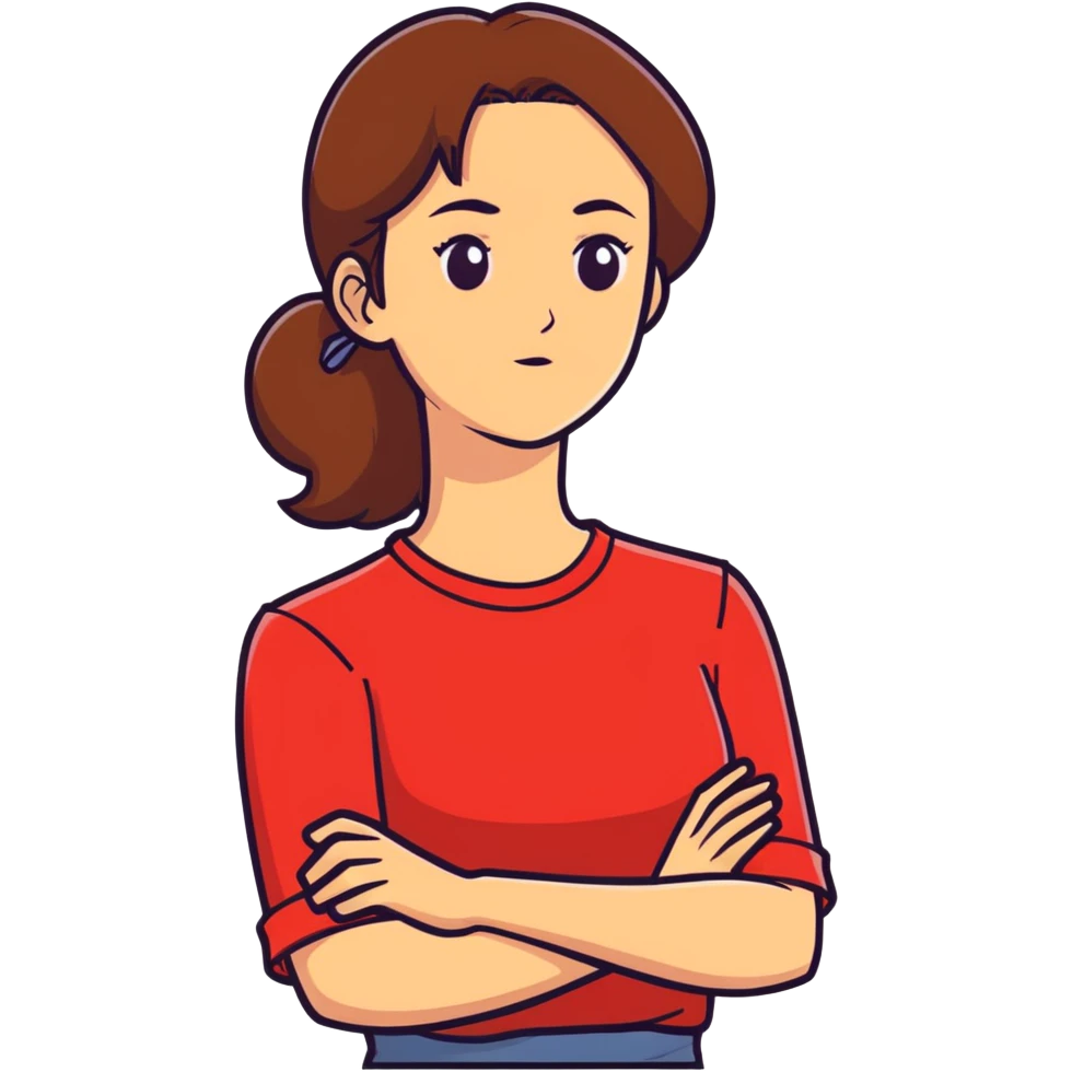 arms crossed holding neck brown hair woman wearing red shirt  emoji