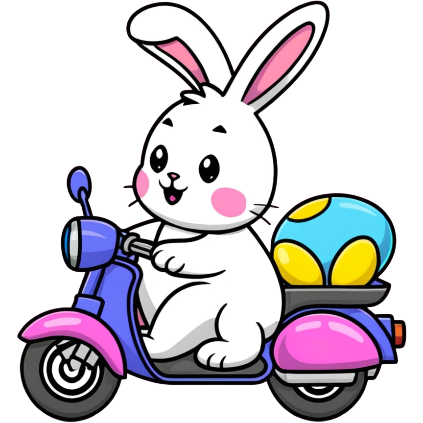 Easter bunny riding a BMW boxer motorcycle with trees and grass in the background, colorful Easter eggs hidden in the grass, and more bunnies watching from the side of the road emoji