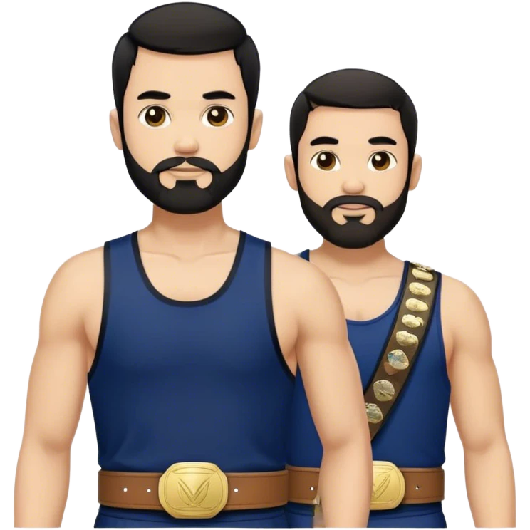 Man wrestling with short black hair, beard wearing a navy singlet with white edging and a championship belt over his shoulder  emoji