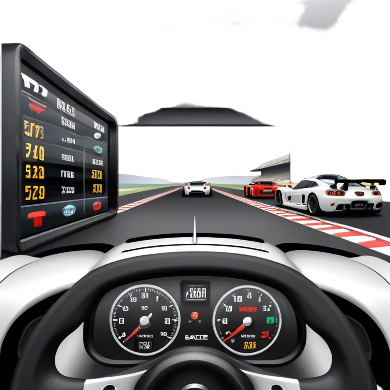 An icon showing a racing game interface, inspired by Grand Turismo. The design features a garage with a selection of high-performance cars, along with race track visuals in the background. Speedometer, lap timer, and other HUD elements add to the excitement. Transparent background emoji