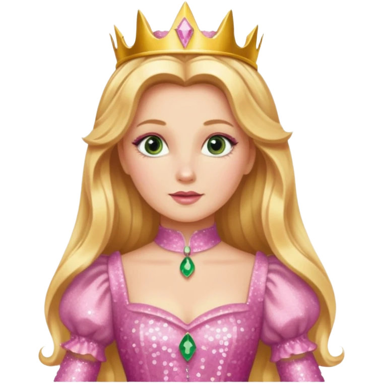 Glinda from The Wizard of Oz with long golden blonde hair, pink sequin outfit emoji