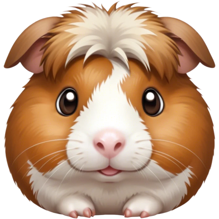 Cinematic Cute Brown and White Banded Guinea Pig Portrait Emoji, Head tilted playfully and inquisitively, showcasing a fluffy fur with playful brown and white banded patterns, round, sparkling dark eyes filled with curiosity, Simplified yet irresistibly adorable features, highly detailed, glowing with a warm, friendly glow, high shine, affectionate and spirited, stylized with a touch of whimsy, bright and endearing, soft glowing outline, capturing the essence of a mischievous yet loving guinea pig, so playful it feels like it could dash out of the screen and into your arms! emoji