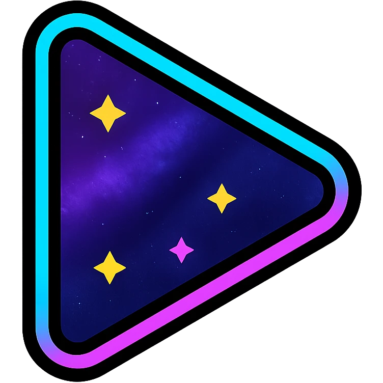 play icon, right-pointing triangle filled with purple and dark blue nebula, small bright stars, neon cyan or pink glowing border emoji