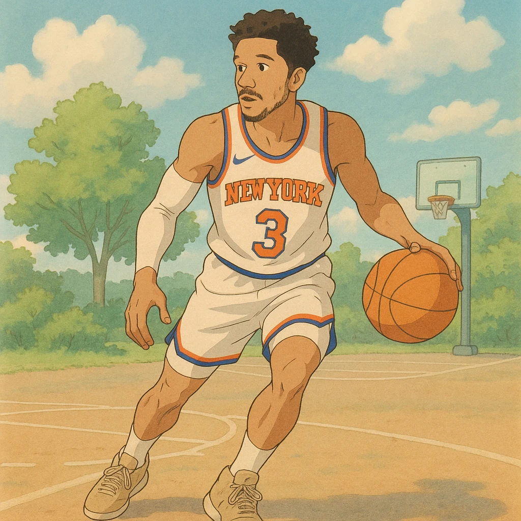Josh Hart dribbling a basketball in a Knicks jersey, soft colors, whimsical atmosphere, Ghibli style emoji