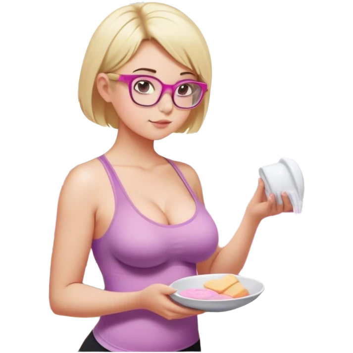 Thick fair skinned woman, short blond hair, small light purple reading glasses, washing dishes, sheer pink tank top, showing natural B cup breast shape SFW, black yoga pants, thick booty emoji