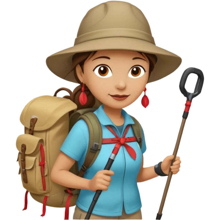 Middle aged women, long brown ponytail with wide brim hiking hat. With backpack and trekking poles. Backpack has a scallop shell with the cross of saint james hanging from it.  Remove the cross and add a scallop shell on a red string hanging from the backpack  emoji