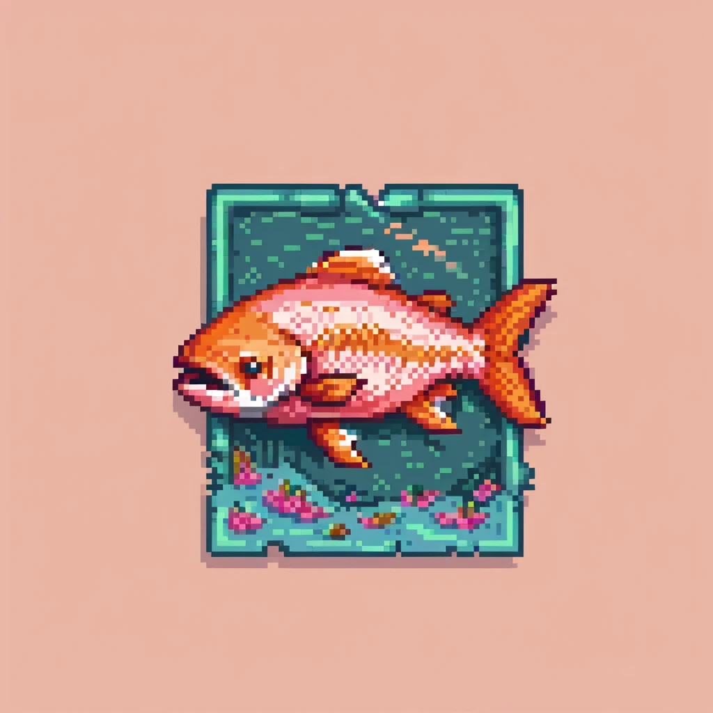 Minecraft salmon fish item texture, eye pointing down-left at 45-degree angle, orange-pink color, simple square texture, pixel art style emoji