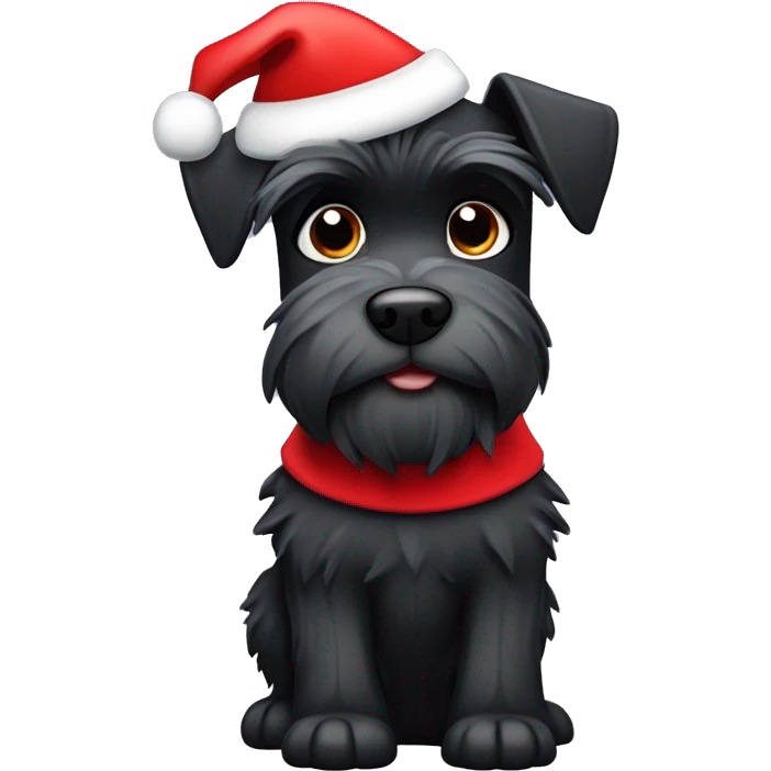Black miniature schnauzer with spiky hair wearing a Santa hat emoji