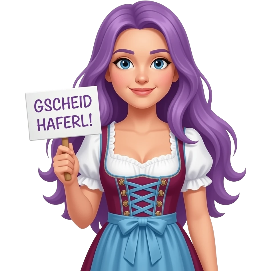 girl with long purple hair wearing a dirndl holding a GSCHEID HAFERL! sign emoji