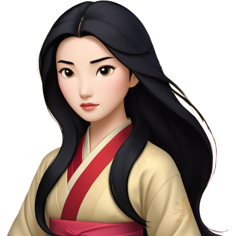 Cinematic Realistic Mulan Portrait, depicted with lifelike skin texture, soft natural lighting, and intricately detailed long black hair styled elegantly. Her deep, expressive eyes exude determination and grace, complemented by a serene yet confident expression. She is dressed in her classic attire, with rich fabric textures and delicate folds that catch the light beautifully. The portrait features a soft, enchanting glow with a natural, radiant finish, capturing the essence of timeless strength and beauty in a realistic and painterly style, evoking a sense of depth and authenticity. emoji