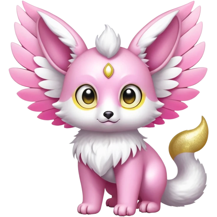 Shiny epic glittery divine white yellow pink animal-fakemon-creature with head-ear-wings, cute, adorable, big eyes, fluffy tail emoji